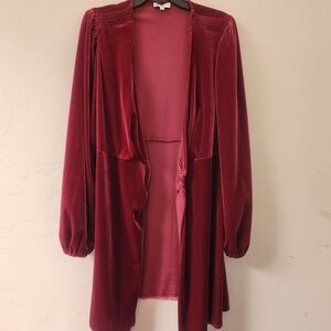 Gianni Bini Burgundy Red Cardigan Size M Velvet Ruched  Open Front Stretchy Soft